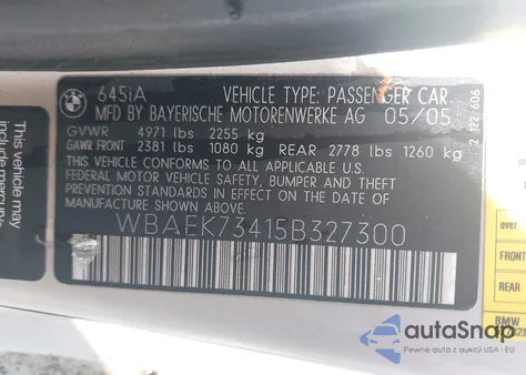 2005 BMW 645Ci из США, поврежденный, VIN WBAEK73415B327300